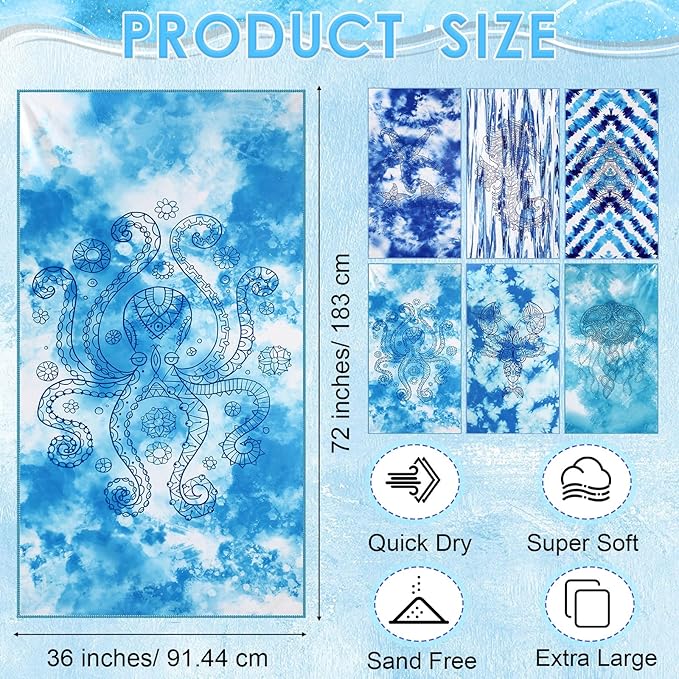 FuWeave 6 Pcs 72 x 36 Microfiber Oversized Beach Towels Large Absorbent Thin Compact Lightweight Sand Free Quick Dry Towels Pack for Travel Pool Yoga Gym Sports Beach Accessories