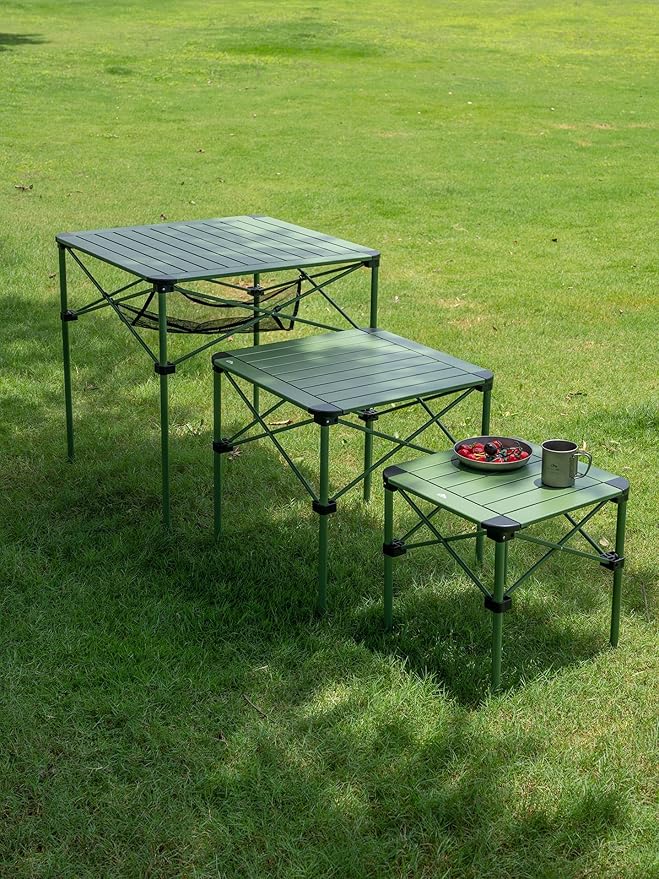 iClimb Lightweight Stable Alu. Folding Square Table Roll Up Top with Carry Bag for Camping Picnic Backyards BBQ Camp Kitchen (Green, M)