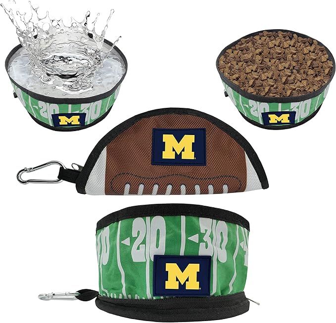 NCAA Michigan Wolverines Collapsible Dog Travel Bowl, Food and Water Bowl for Dogs & Cats. Best Portable & Lightweight Leak-Proof Pet Bowl for Travel with Football Field & Pebble-Grain Design.