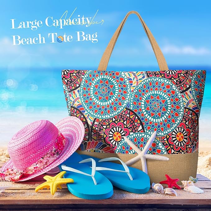 Trifabricy Beach Bag for Women, Large Beach Tote Bags with Zipper, Woven Straw Tote Waterproof, Swim Gym Shopping Travel Bag