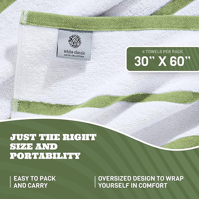 White Classic Cotton Pool Towels Oversized 30 x 60 Inches, Ultra Absorbent and Low Lint Striped Beach Towels for Adults, Stripes Design Luxury Extra Large Bath Towels, Green, 4 Pack