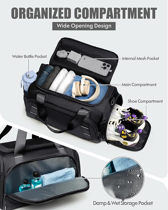 Small Gym Bag for Men, Travel Duffle Bag with Shoe Compartment, 16L Carry On Weekender Duffel Bag for Sports, Workout and Travel, Black