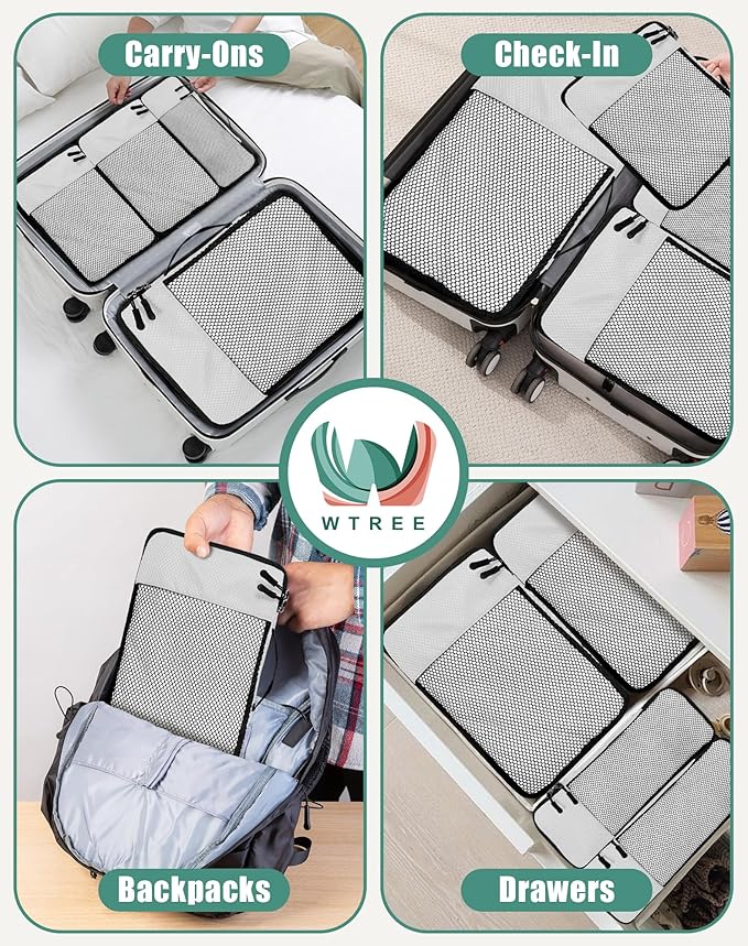 WTREE 4-Piece Packing Cubes Travel Accessories Set for Suitcases - Luggage Organizer Bags with Double Zipper - Mesh Top - Small/Medium/Large/Slim - Beige