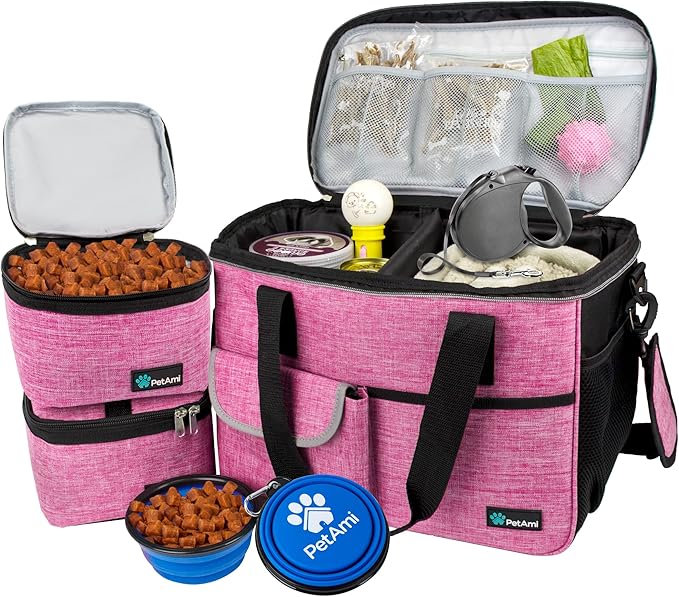 PetAmi Dog Travel Bag, Travel Pet Bag Organizer, Dog Food Travel Bag with Container Collapsible Bowls, Pet Travel Supplies Gift Accessories for Weekend Camping, Puppy Cat Diaper Bag, Pink Medium