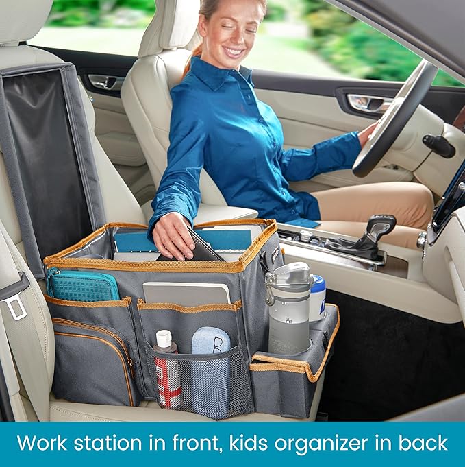 High Road CarHop Front Seat Car Organizer with Car Cup Holder, Passenger Seat Tray and Padded Filing or Cooler Compartment with Side Pocket Storage, Gray