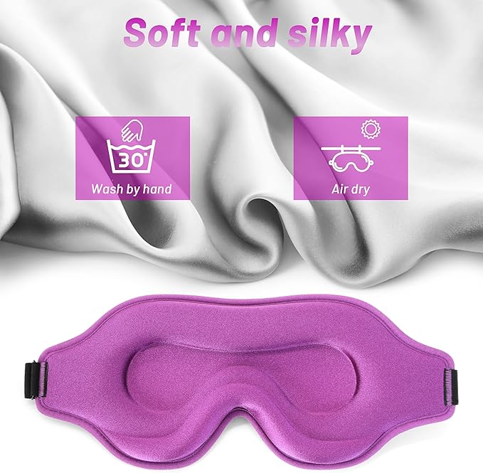 Sleep Eye Mask for Men Women, Sleeping Mask for Side Sleeper, Travel Blackout Night Blindfold Eye Shade Cover with Adjustable Strap (Purple)