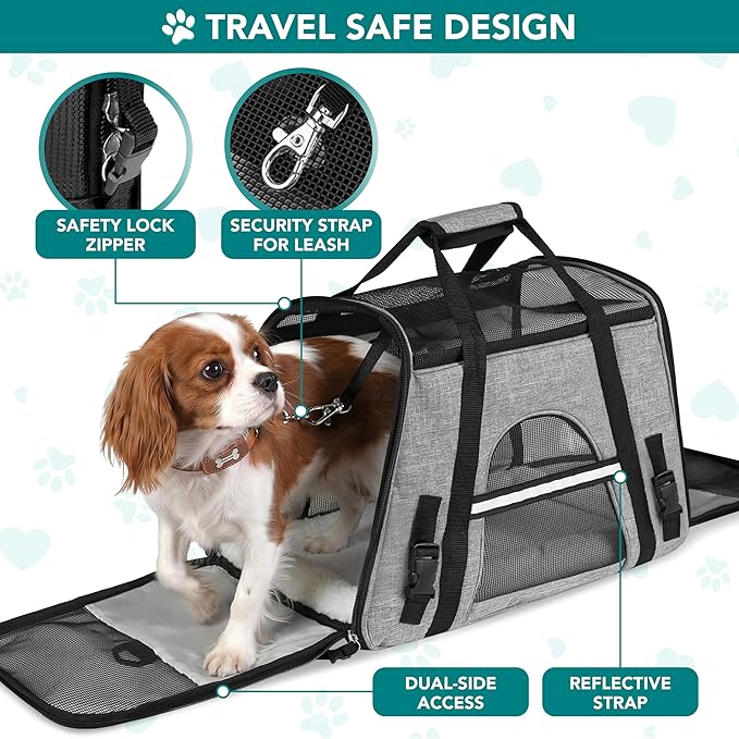 PetAmi Airline Approved Pet Carrier for Cats & Small Dogs, Soft Sided TSA Travel Carrier Bag Sherpa Bed, Breathable Mesh Ventilation, Collapsible Bowl, Fit Under Seat, Up to 18 lbs, Small Heather Gray