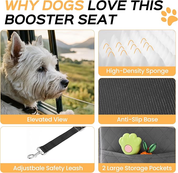 HiPetpy Dog Car Seat 6" Elevated Memory Foam Booster Seat for Small Medium Dogs Under 35 lbs with Pet Blanket, Washable Pet Car Seat with Safety Leash, Anti-Slip Base and Storage Pockets