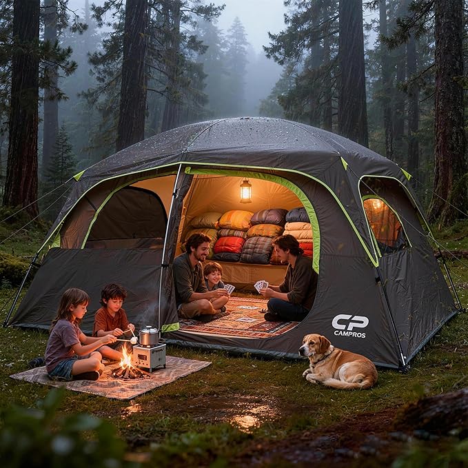 CAMPROS CP Upgraded 6/8 Person Camping Tents, Waterproof Windproof Family Tent with Larger Mesh Windows & Door, Double Layer, Easy Set Up, All-Season Dome Tent with Top Rainfly & Carry Bag