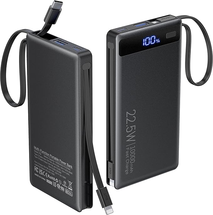 Power Bank with 2 Built-in Cables 10000mAh, 22.5W PD Slim Portable Charger USB C Battery Pack, Travel Essentials Fast Charging Powerbank Compatible with iPhone 17 16 15 Plus Pro Samsung iPad (1 Pack)