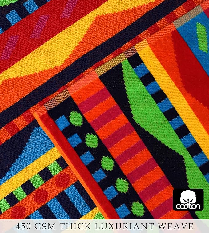 COTTON CRAFT Oversized Beach Towel - 2 Pack XL 39 x 68 inches Big & Huge Beach Blanket Towel - 100% Cotton Jacquard Velour - Super Soft Luxury - Pool Picnic Bath - Cozumel Red Blue Yellow