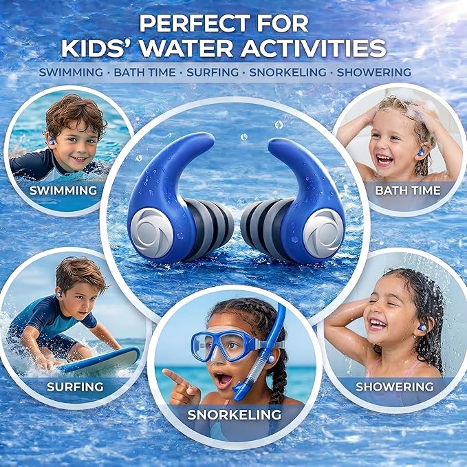 Swimming Ear Plugs for Kids with Lanyard, 3 Pairs Waterproof Reusable Soft Silicone Swim Earplugs for Pool, Surfing, Diving, Showering