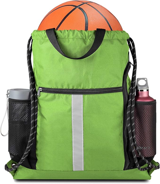 BeeGreen Cinch Bag Backpack String Gym Sackpack with Shoe Compartment and Two Side Mesh Pockets Large Lightweight Portable Sport Drawstring Sack