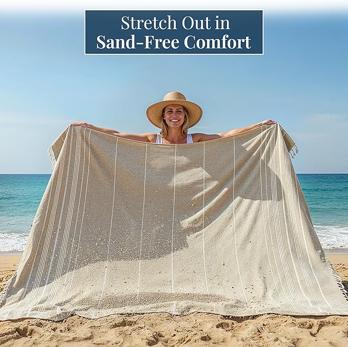 LANE LINEN Picnic Blankets - Turkish Beach Blanket Sandproof with Lightweight Quick Dry Design, 82"x82", Beach Summer Vacation Essentials for Relaxing, Park Outings or Yoga Mat – Beige