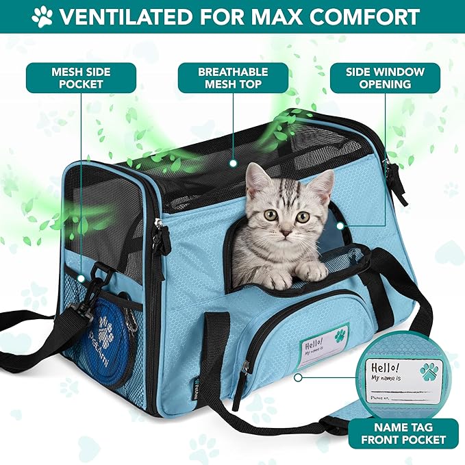 PetAmi Airline Approved Pet Carrier for Cats & Small Dogs, Soft Sided TSA Travel Carrier Bag with Sherpa Bed, Breathable Mesh Ventilation, Collapsible Bowl, Fits Under Seat, Up to 18 lbs, Large Blue