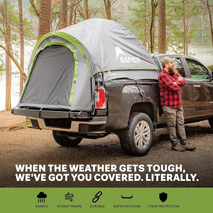 Napier Backroadz Truck Tent | Pickup Truck Bed Camping Tent | Rainfly for Water Protection | Sturdy and Spacious 2-Person Truck Tent | Easy 10-Minute Setup | Gray/Green