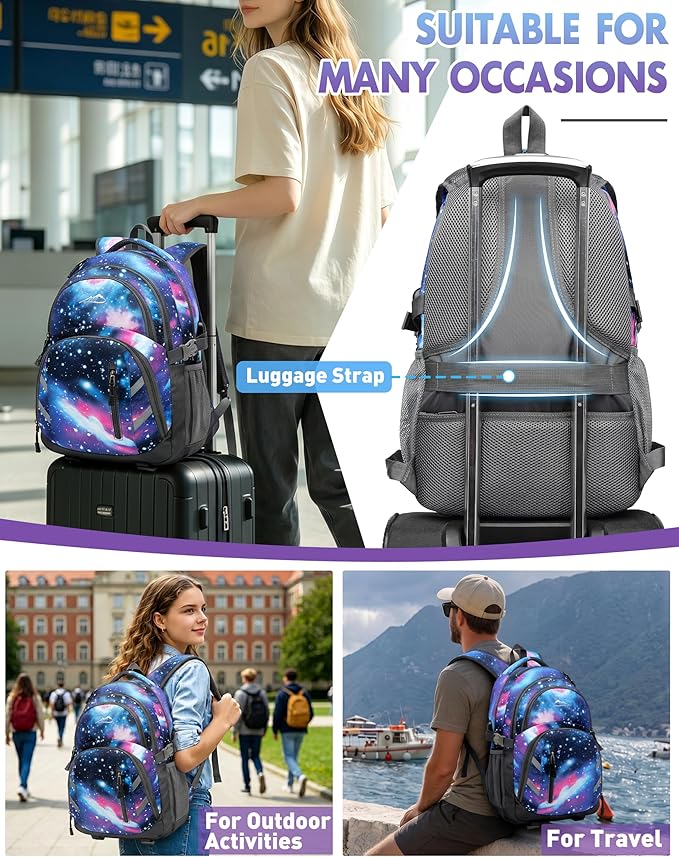 ProEtrade Backpack Bookbag for College Laptop Travel,Fit Laptop Up to 15.6 inch with USB Charging Port Multi Compartment Anti theft, Gift for Women Men (Galaxy)