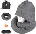 Travel Pillow - Hooded Neck Pillow Airplane Memory Foam Filling for Plane, Office, Cars Sleeping, Road Trip, Long Flights, Airplane Travel Essentials, Includes Eye Mask & Earplugs (Dark Gray)