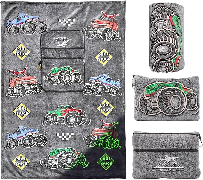 Truck Travel Blanket Pillow, Travel Blanket Airplane Compact with Bag, Pillow Blanket for Kids, Airplane Blanket for Long Flights, Plane & Car Travel Essentials, Glow in The Dark, Camping Outdoor