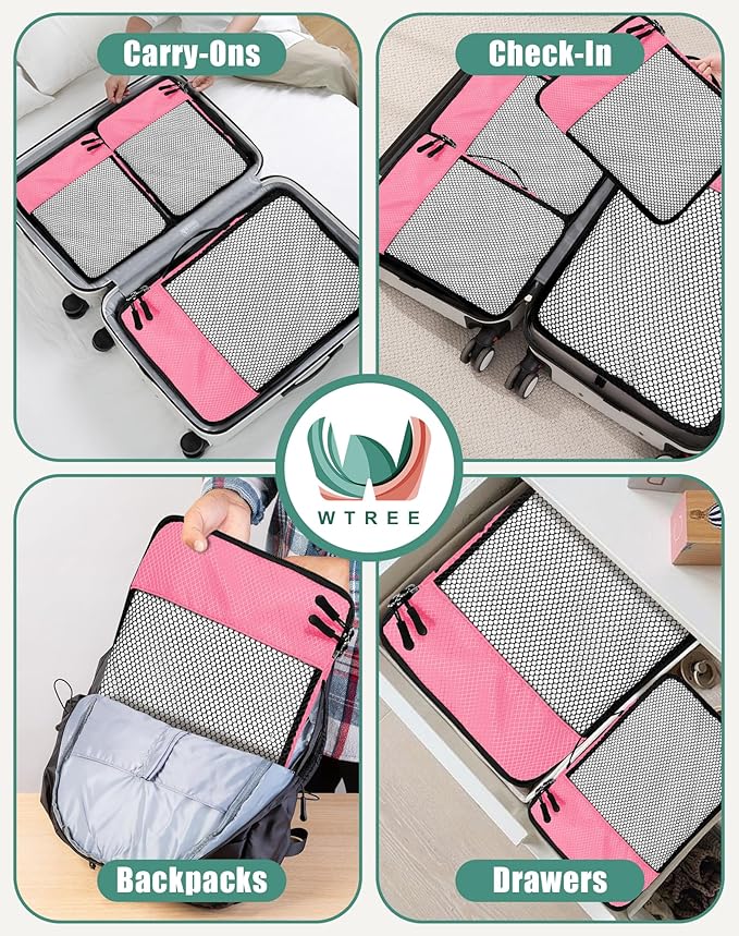 WTREE 4-Piece Packing Cubes Travel Accessories Set for Suitcases - Luggage Organizer Bags with Double Zipper - Mesh Top - Large - Pink