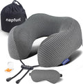 napfun Neck Pillow for Travel with Travel Pouch, Sleep Mask & Earplugs, Memory Foam Airplane Pillow for Headrest Sleep with Eyeshades, Plane Essentials with Eye Blindfold, Dark Gray Striped Kit