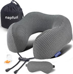 napfun Neck Pillow for Travel with Travel Pouch, Sleep Mask & Earplugs, Memory Foam Airplane Pillow for Headrest Sleep with Eyeshades, Plane Essentials with Eye Blindfold, Dark Gray Striped Kit