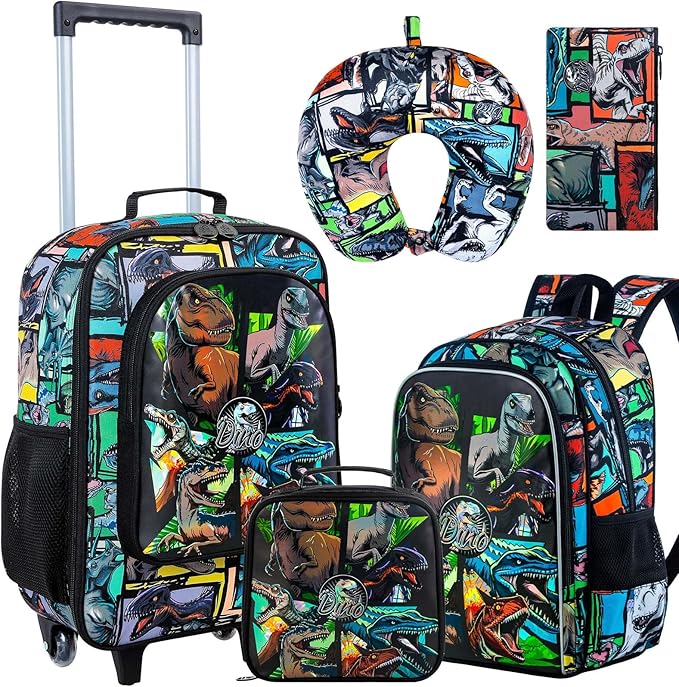 5Pcs Kids Luggage for Boys, Dinosaur Rolling Travel Carry on Suitcase for Toddler Children with Wheels(Black)