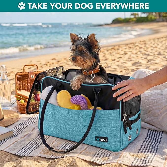 PetAmi Dog Purse Carrier for Small Dogs Cats, TSA Airline Approved Soft-Sided Pet Carrier with Pockets, Ventilated Travel Tote Bag with Bed & Shoulder Strap, Puppy Kitten, Max 12 lbs, Turquoise