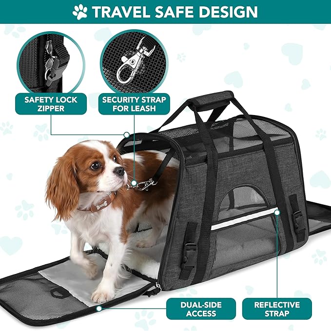 PetAmi Airline Approved Pet Carrier for Cats & Small Dogs, Soft Sided TSA Travel Carrier Bag with Sherpa Bed, Breathable Mesh Ventilation, Collapsible Bowl, Up to 18 lbs, Small Heather Dark Gray