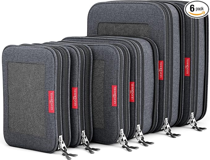 LeanTravel Premium Compression Packing Cubes for Travel - Suitcase Organizer Bags with Double Zipper & Breathable Mesh Panel - Space Saving Carry On Luggage Essentials (6-Pack Black)