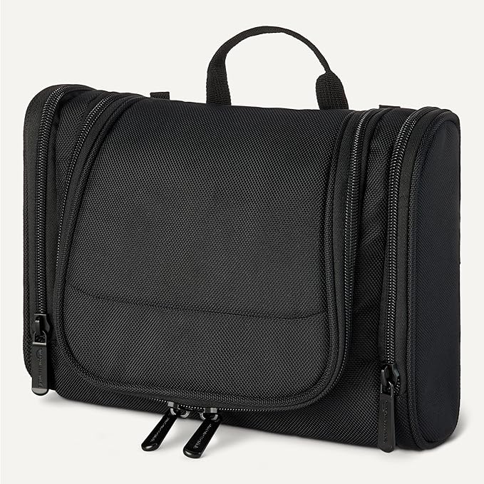 Amazon Essentials Spacious Toiletry Bag, Hanging Cosmetic Dopp Kit with Multiple Compartments, Durable 1680D Polyester, Large Capacity Storage, Compact Design, Black (Previously Amazon Basics)