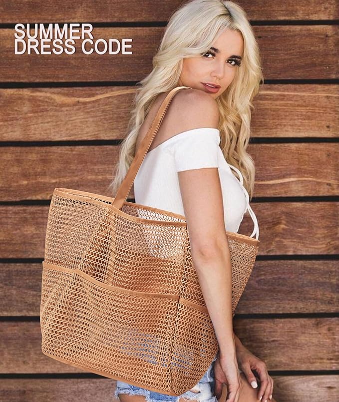 KALIDI Beach Nylon Mesh Tote Bag, Casual Tote Bag Hobo Women Foldable MAX 23L Shoulder Bag For Beach Picnic Vacation