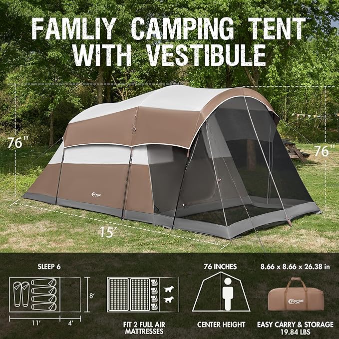 PORTAL 6/8/10 Person Family Camping Tent with Screen Room, Water Resistant Big Tunnel Tents with Rainfly, Large Family Tent for Camping, Outdoor, Patio