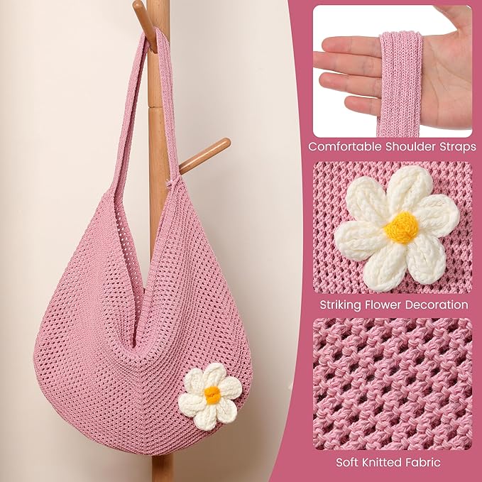 Premillow Crochet Beach Bags for Women, Summer Beach Tote Bag, Mesh Cute Beach Purse, Aesthetic Knit Bag Handbag Shoulder Bag