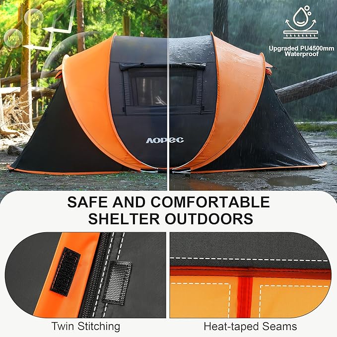 Pop Up Camping Tent, 2/4/6 Person Instant Tent Waterproof PU4500mm, Spacious Ventilated Camping Tent with Front Porch, Quick Setup Lightweight Portable for Outdoor Camping Hiking Beach