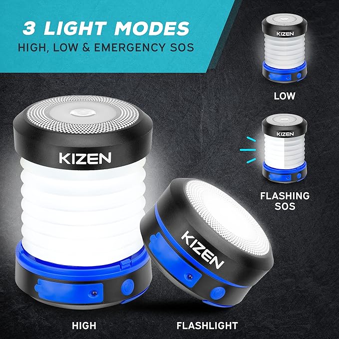 Kizen Outdoor Solar Lantern - Solar or Plug Rechargeable Lantern - Collapsible LED Light for Power Outages - Camping Essential Lamp for Tent Light, Hanging, or Flashlight - Yellow