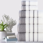 CASA COPENHAGEN White Bay 6Pcs 100% Egyptian Cotton Large Designer Towels Gift Set- White - Dark Grey, 600GSM, 2Bath 2Hand 2Washcloths, Bath Towels for Bathroom Set for Women & Men