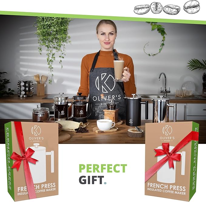 Oliver's Kitchen ® Premium French Press Cafetiere Coffee Maker - Thermal Insulated Double Wall - Stainless Steel 1 Liter