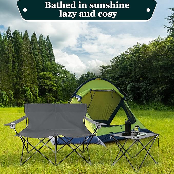 Leonyo Double Camping Chair, Loveseat Camping Chair with Folding Table, 2 Person Outdoor Folding Beach Chairs for Adults, Cup Holders & Carry Bag for Outside Travel, Supports 500lbs, Grey