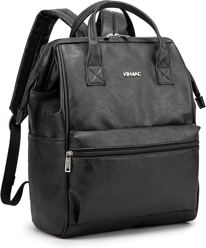 Kinmac Laptop Backpack for Women and Men, Large Capacity Travel Backpack for 15.6 inch Laptop Computer (Black PU)