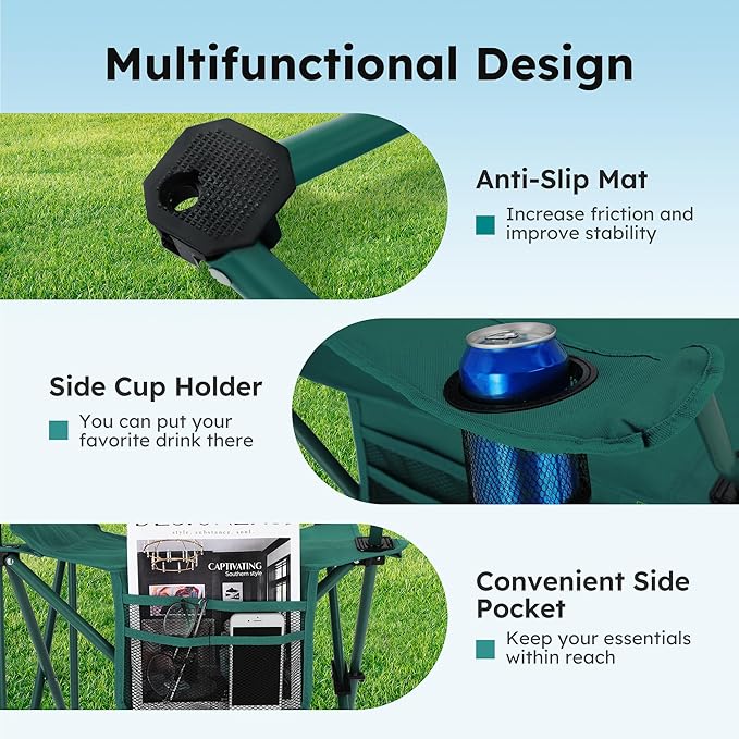 ALPHA CAMP Camping Chairs 250LBS Capacity, Heavy Duty Folding Chair with 4-Can Cooler Bag, Portable Outdoor Chair with Cup Holder for Adults, Collapsible for Tailgating, Beach, Fishing,Black,2PC