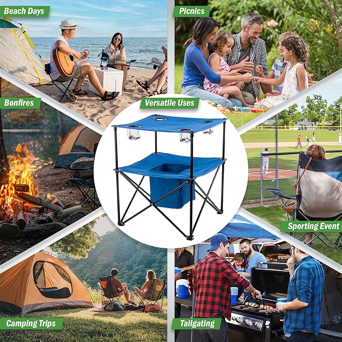Wakeman Folding Camping Table - Small Folding Table Portable Outdoor Lightweight Tabletop with 4 Cupholders, Food Basket, and Travel Bag for Camp, Beach, or Tailgating Essentials Outdoors (Blue)