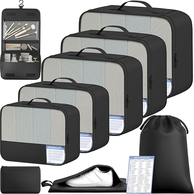BAGAIL 9 Set Packing Cubes with Packing List Luggage Packing Organizers for Travel Accessories (Black)