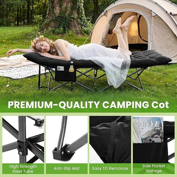 Camping Cot, Folding Camp Cot for Adults, Portable Outdoor Cot with Carry Bag & Mattress, Fast Setup, Lightweight Compact Bed for Travel, Home Office Nap (Black)