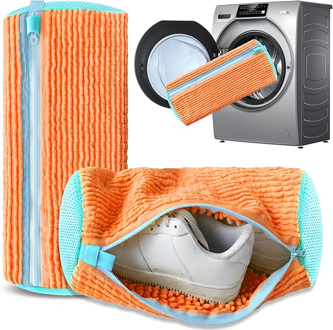2Pcs Reusable Shoe Washing Machine Bag for Washer and Dryer:Free Up Hands, Prevent Deformation,shoe bag with Zipper Protection Design, Use for all Shoes,Sports Shoes(Yellow) (A-Orange)