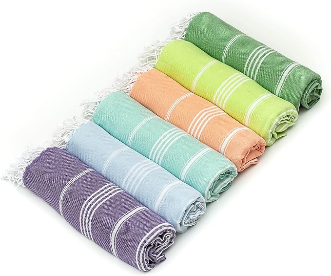 HAVLULAND Turkish Beach Towels Set of 6 Organic Cotton, Oversized 72"x40", Sand Free, Lightweight, Quick Drying, Ideal for Beach, Bath, Pool, Camp & Travel
