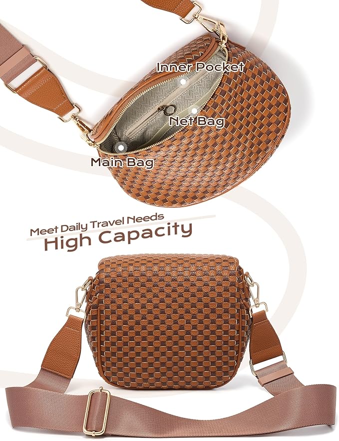 Trendy Woven Checkered Crossbody Bum Bag for Women，PU Leather Checkered Purse Fanny Packs Belt Bag (Woven Bum Bag - Brown Coffee)