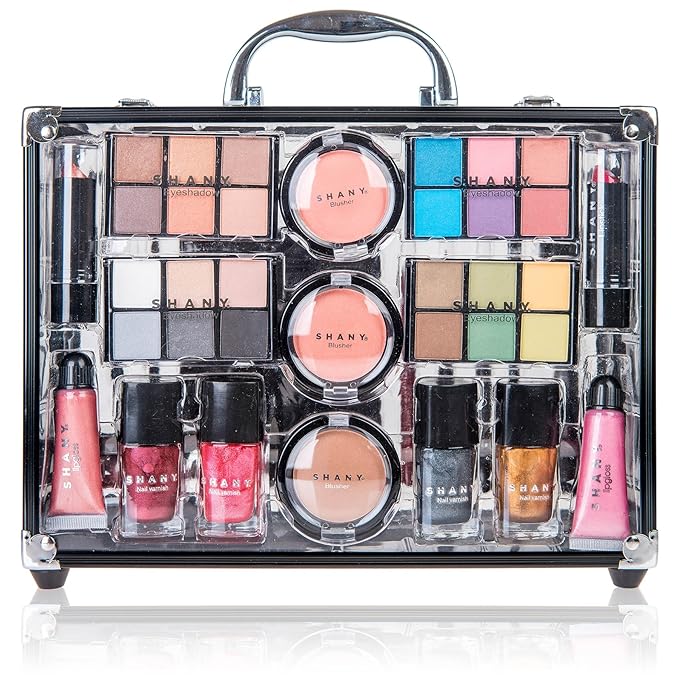 SHANY Carry All Trunk Makeup Train Case with Re-usable Aluminum Beauty Storage Organizer Case. Make up Set with Eye palettes, Blushes,Face Powders, Manicure, Pedicure and Cosmetics Brushes. GIFT SET