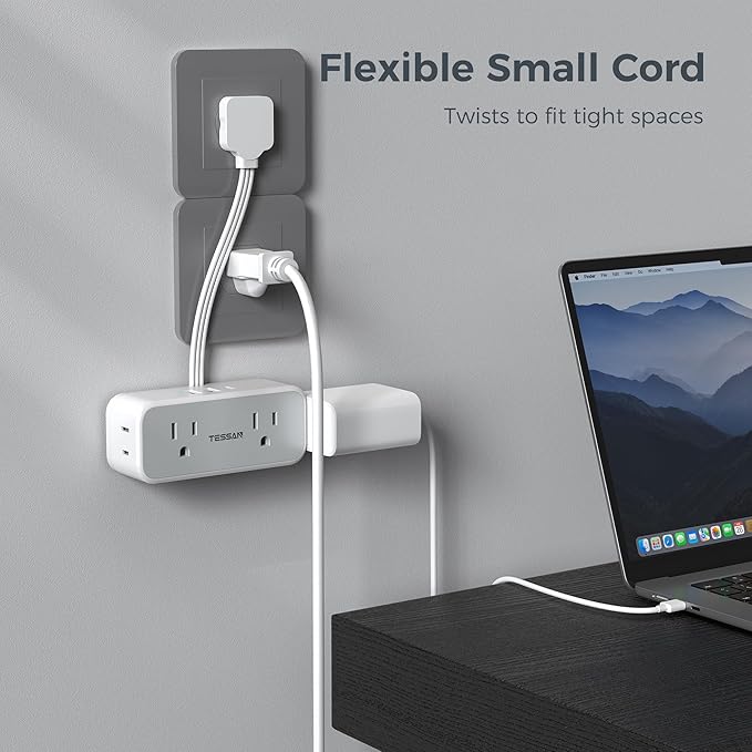 TESSAN Short Extension Cord 0.5Ft, Flat Plug Outlet Extender with 4 Widely AC with 3 USB Ports (2 USB C), Multi Plug Small Power Strip for Travel, Home, College Dorm Essentials, Gray