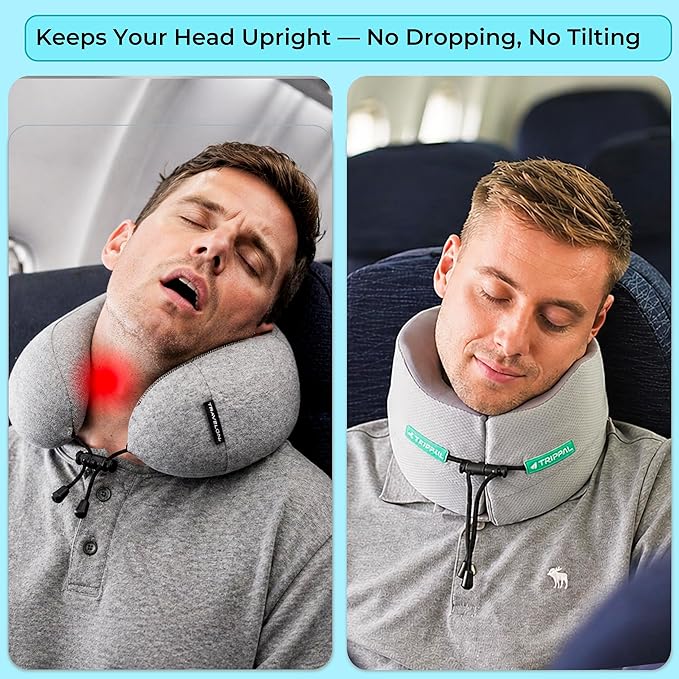 Travel Neck Pillow for Airplane: Neck Brace-Like Support 360° Chin Lock for Men in Middle Seat Sleep - Zero Head Slumping into Strangers - 8-Hour Upright Sleeping Without Neck Pain